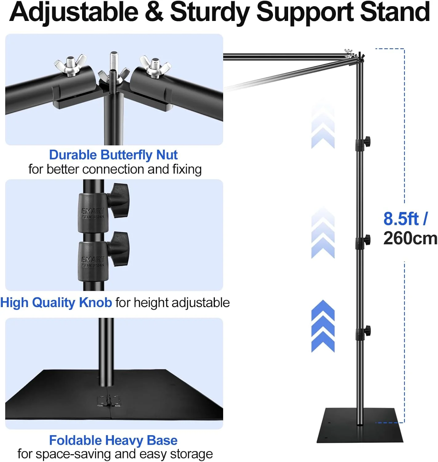 پایه پس زمینه مربعی ایمارت 2.6x3 متری برای عروسی، کیت قاب پس زمینه قابل تنظیم با لوله و پرده با پایه فولادی فلزی سنگین، نگهدارنده پس زمینه عکس برای مهمانی های تولد عکاسی - مشکی