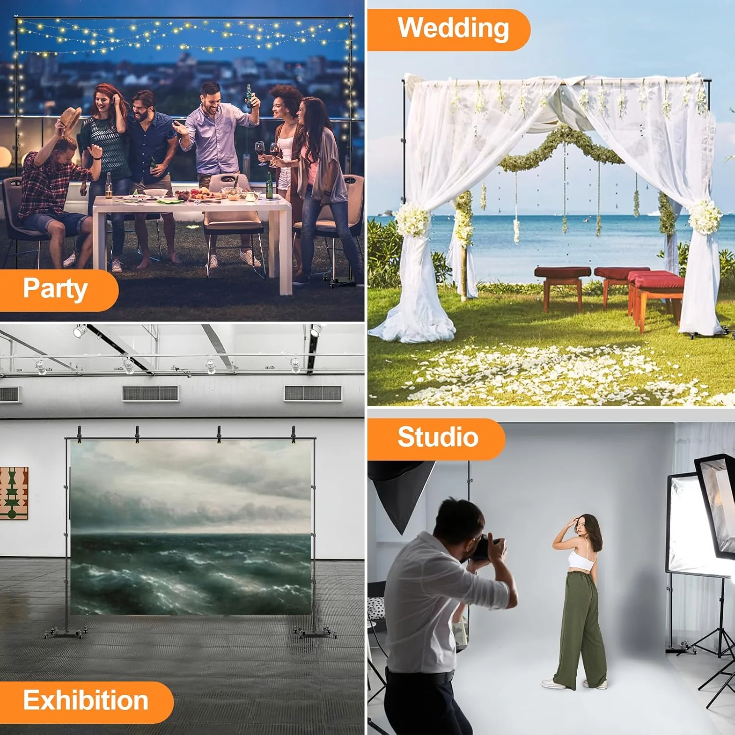 پایه پس زمینه ایمارت با چرخ، نگهدارنده پس زمینه عکس قابل تنظیم 2.6x3 متری با پایه فلزی سنگین، قاب لوله و پرده برای تزئینات عکاسی عروسی و مهمانی