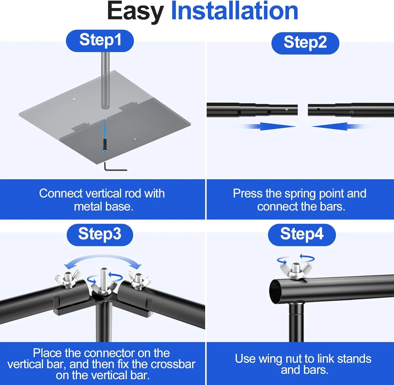 پایه پس زمینه مربعی ایمارت 2.6x3 متری برای عروسی، کیت قاب پس زمینه قابل تنظیم با لوله و پرده با پایه فولادی فلزی سنگین، نگهدارنده پس زمینه عکس برای مهمانی های تولد عکاسی - مشکی