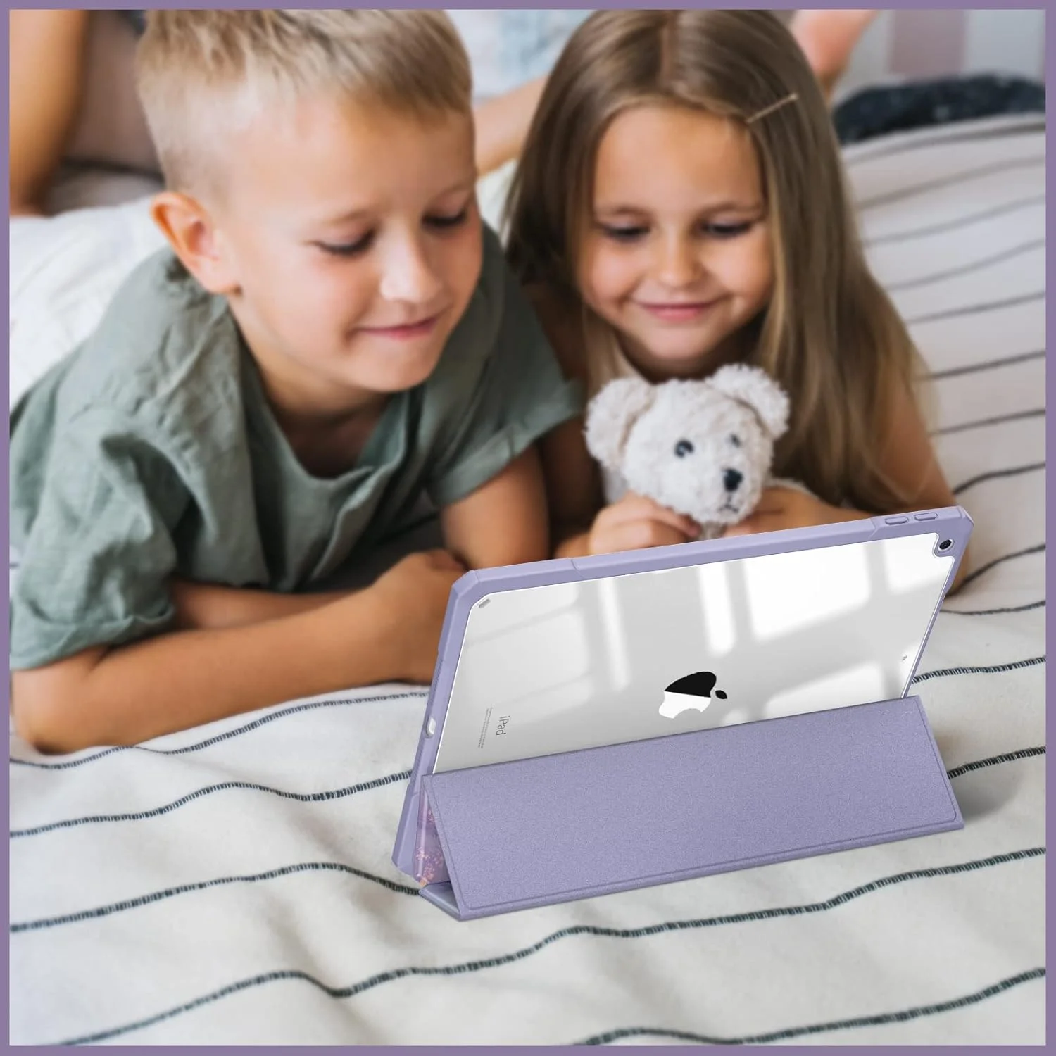 کیف باریک ترکیبی Fintie برای آیپد نسل نهم / هشتم / هفتم (2021/2020/2019) 10.2 اینچی - کاور ضد ضربه با پشت شفاف، طرح سنگ مرمر یاسی [دارای جای مدادی]