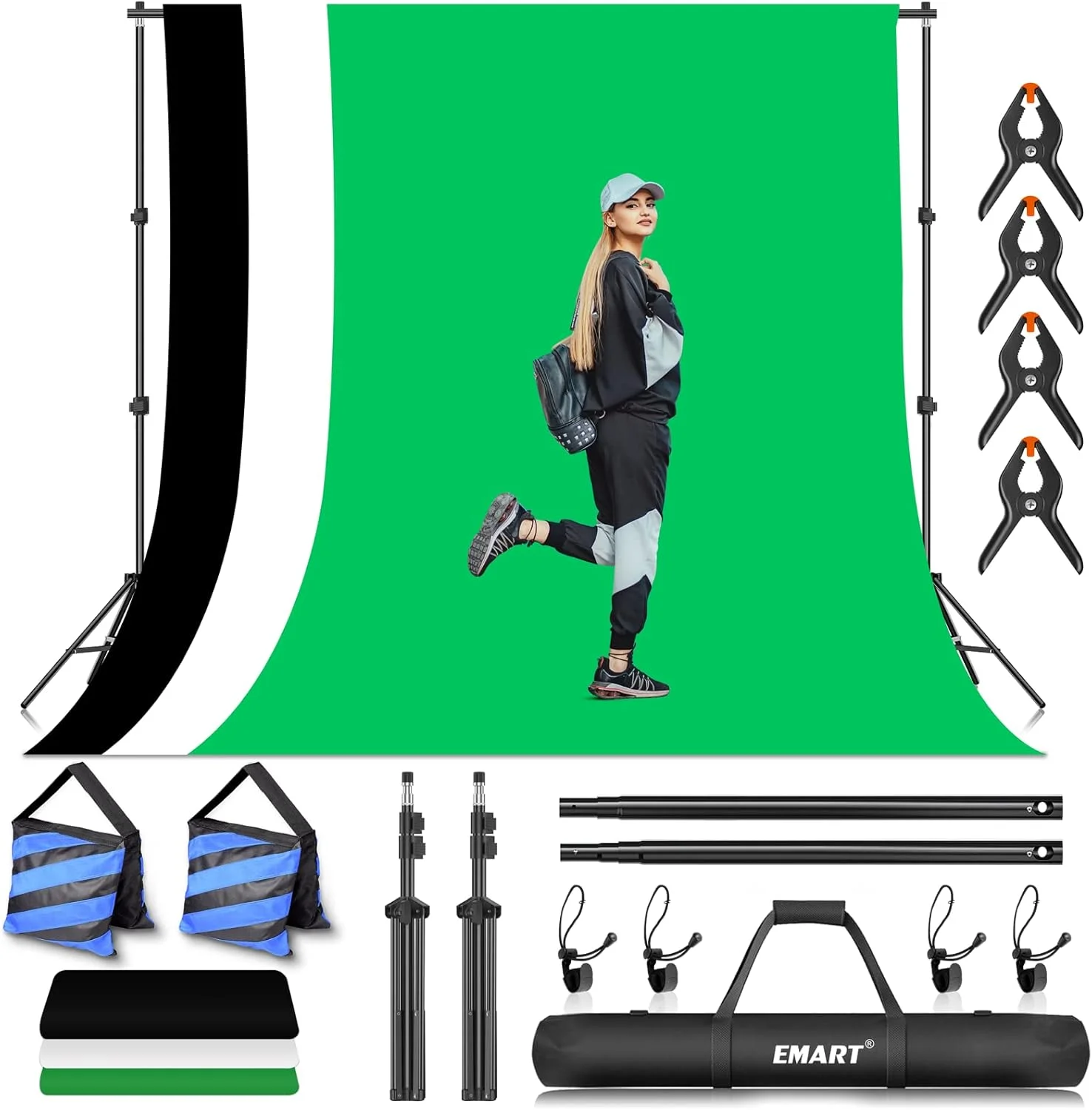 EMART Photo Video Studio Backdrop Stand Kit, 7x10ft (2.0x3.0m) Adjustable Photography Support System with Polyester Background(Black/White/Green Screen), Spring Clamps and Carry Bag for Photoshoot