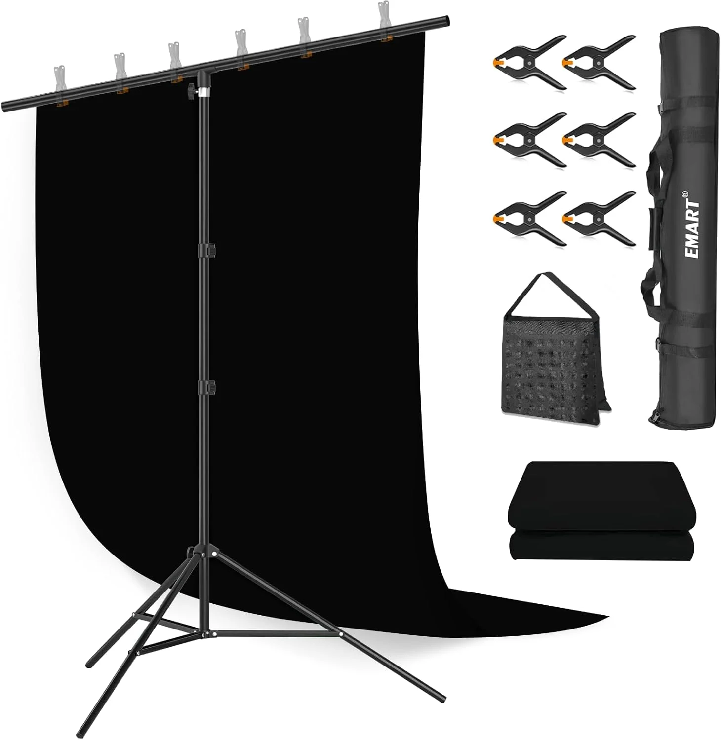 پس زمینه مشکی ایمارت با پایه، پرده عکاسی 1.5x2 متری (5x7 فوت) با کیت پشتیبانی پس زمینه 2x2 متری (6.5x6.5) برای استودیوی عکس و فیلم، شامل 6 گیره فنری و 1 کیسه شن