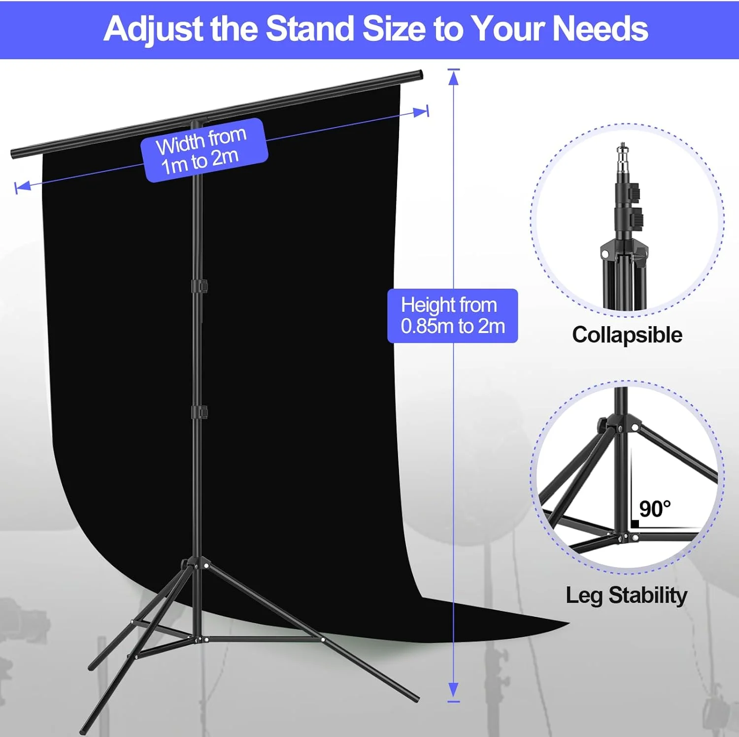پس زمینه مشکی ایمارت با پایه، پرده عکاسی 1.5x2 متری (5x7 فوت) با کیت پشتیبانی پس زمینه 2x2 متری (6.5x6.5) برای استودیوی عکس و فیلم، شامل 6 گیره فنری و 1 کیسه شن
