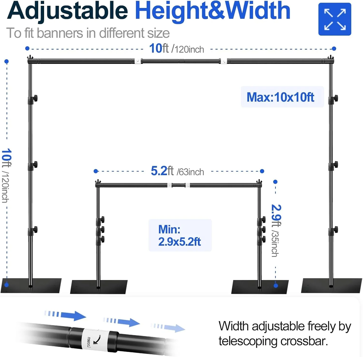 پایه پس زمینه سنگین EMART، کیت سیستم پشتیبانی پس زمینه قابل تنظیم 3x3 متری با پایه فولادی برای عکاسی، استودیو عکس و فیلم، جشن تولد، دکوراسیون عروسی - مشکی