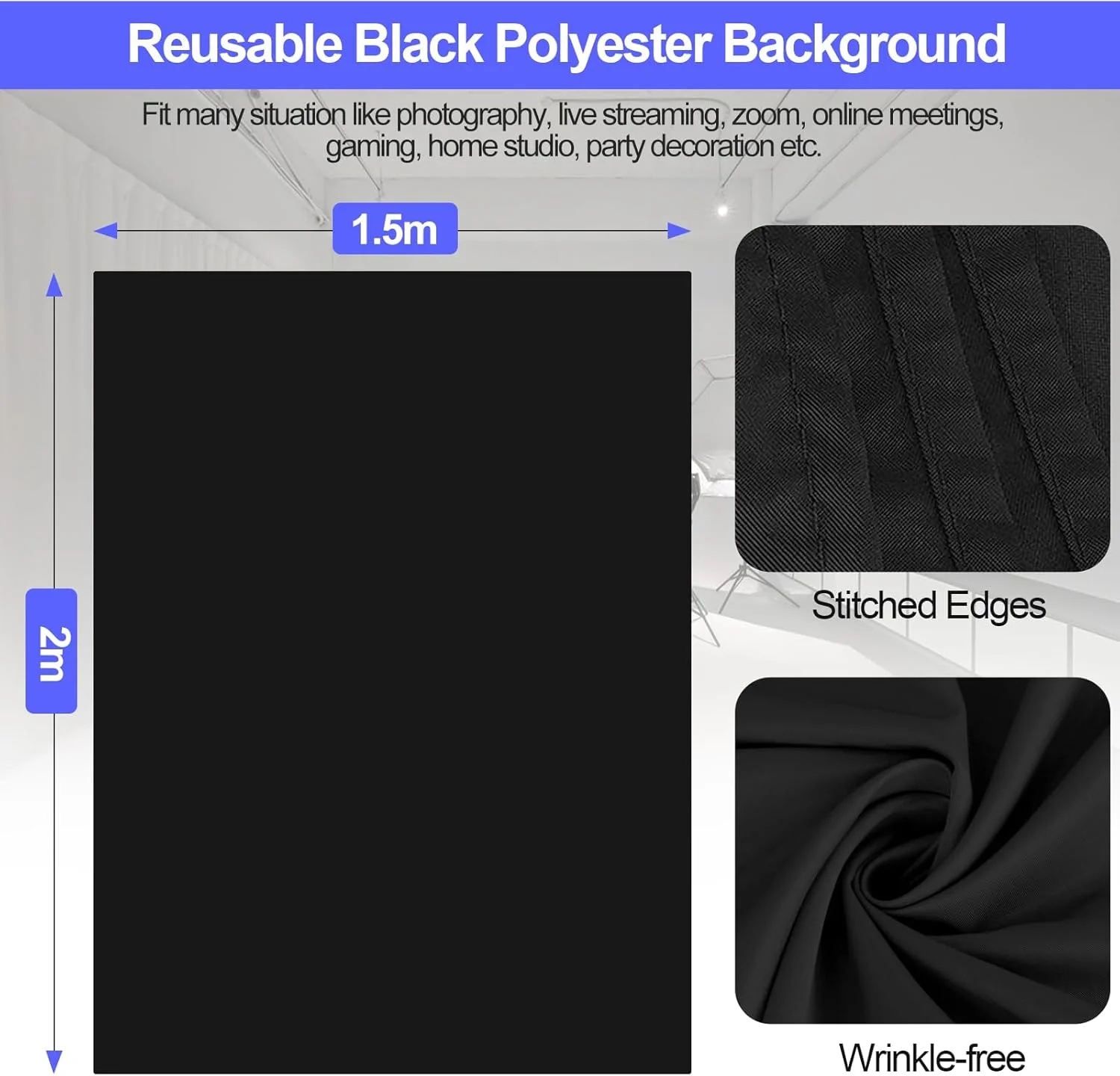 پس زمینه مشکی ایمارت با پایه، پرده عکاسی 1.5x2 متری (5x7 فوت) با کیت پشتیبانی پس زمینه 2x2 متری (6.5x6.5) برای استودیوی عکس و فیلم، شامل 6 گیره فنری و 1 کیسه شن