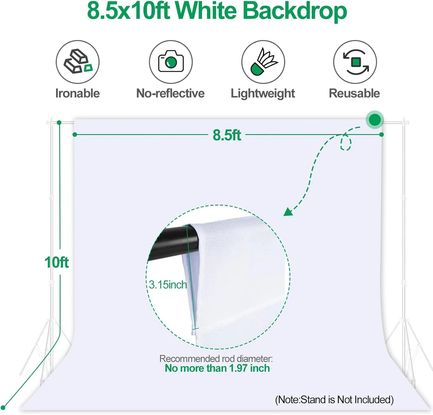 پرده پس زمینه سفید عکاسی ایمارت، 2.6x3 متر، مناسب برای استودیو، پرتره، مهمانی ها و فیلمبرداری