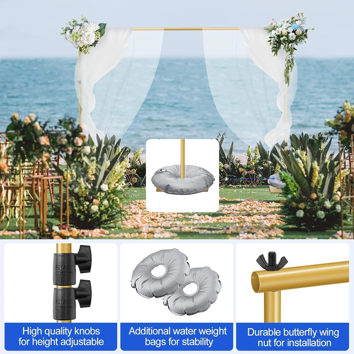 پایه پس زمینه سنگین EMART، 2x3 متر، سیستم پشتیبانی پس زمینه قابل تنظیم با پایه فولادی برای عکاسی، استودیو عکس و فیلم، مهمانی ها، عروسی - طلایی