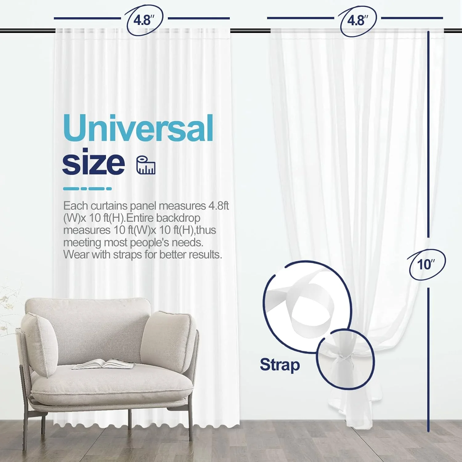 پرده پس زمینه سفید EMART، 3 در 3 متر / 10 در 10 فوت پارچه توری شیفون برای تزئینات صحنه عروسی مهمانی ها، پارچه پس زمینه نرم و صاف برای عکاسی جشن تولد نوزاد