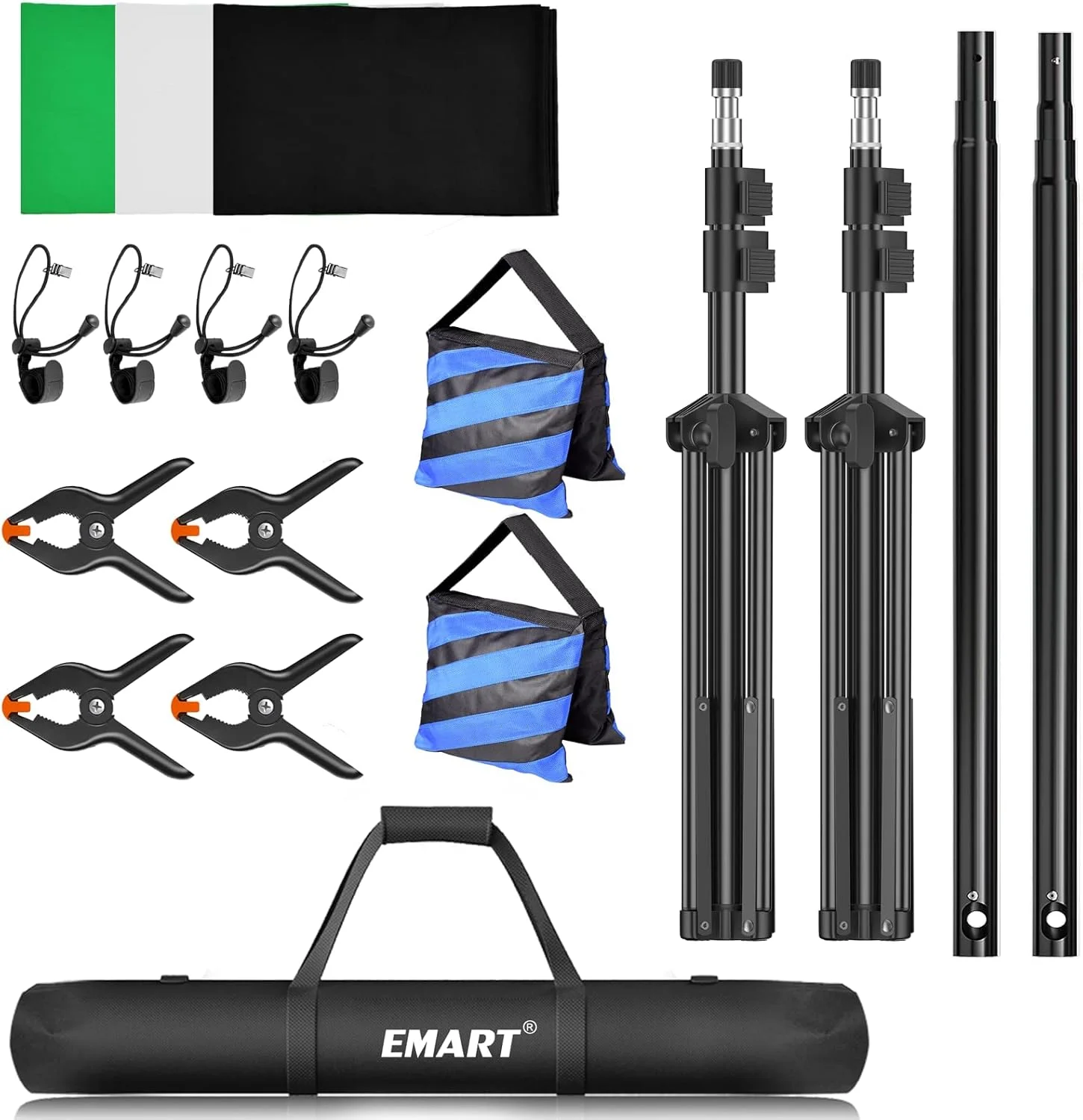 EMART Photo Video Studio Backdrop Stand Kit, 7x10ft (2.0x3.0m) Adjustable Photography Support System with Polyester Background(Black/White/Green Screen), Spring Clamps and Carry Bag for Photoshoot