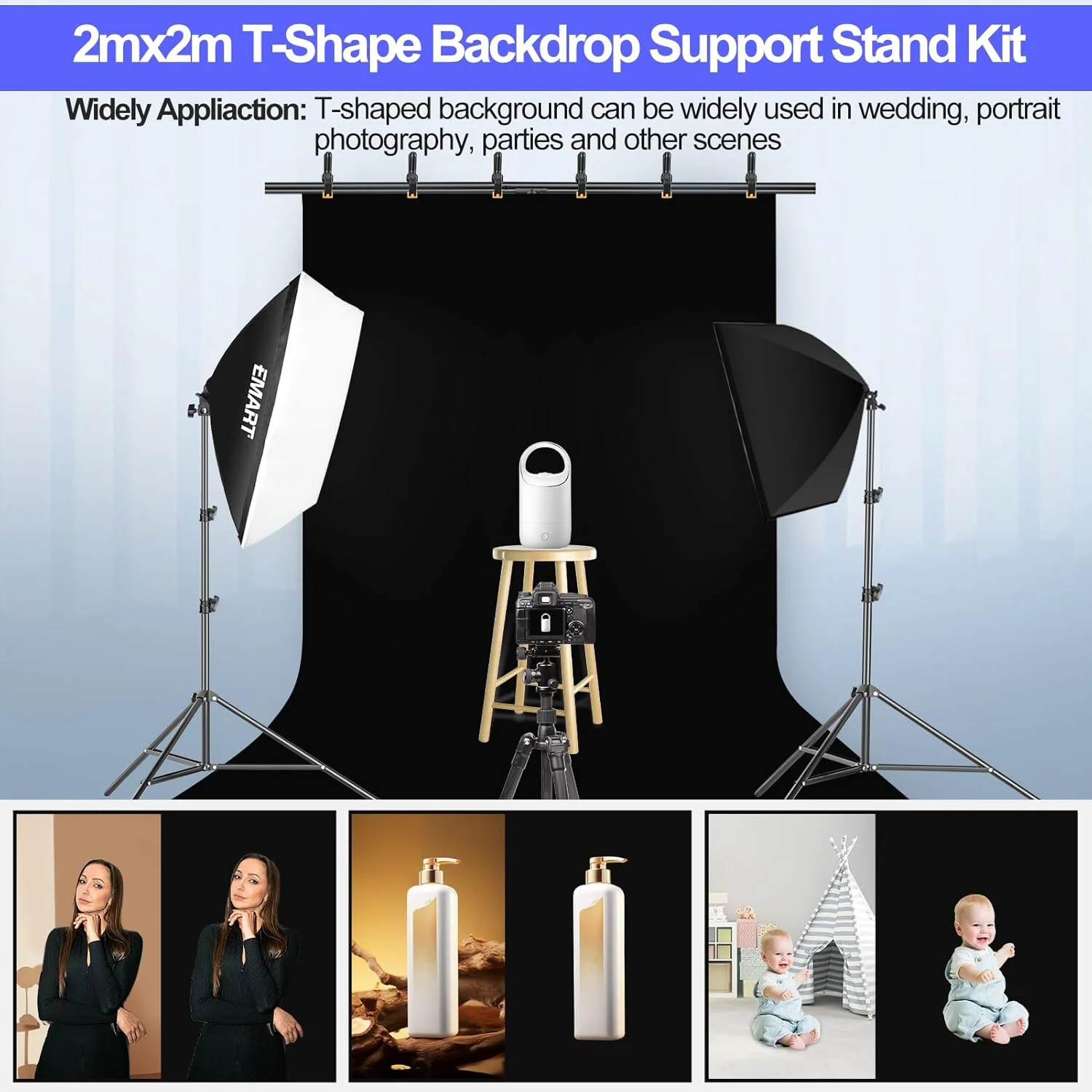 پس زمینه مشکی ایمارت با پایه، پرده عکاسی 1.5x2 متری (5x7 فوت) با کیت پشتیبانی پس زمینه 2x2 متری (6.5x6.5) برای استودیوی عکس و فیلم، شامل 6 گیره فنری و 1 کیسه شن