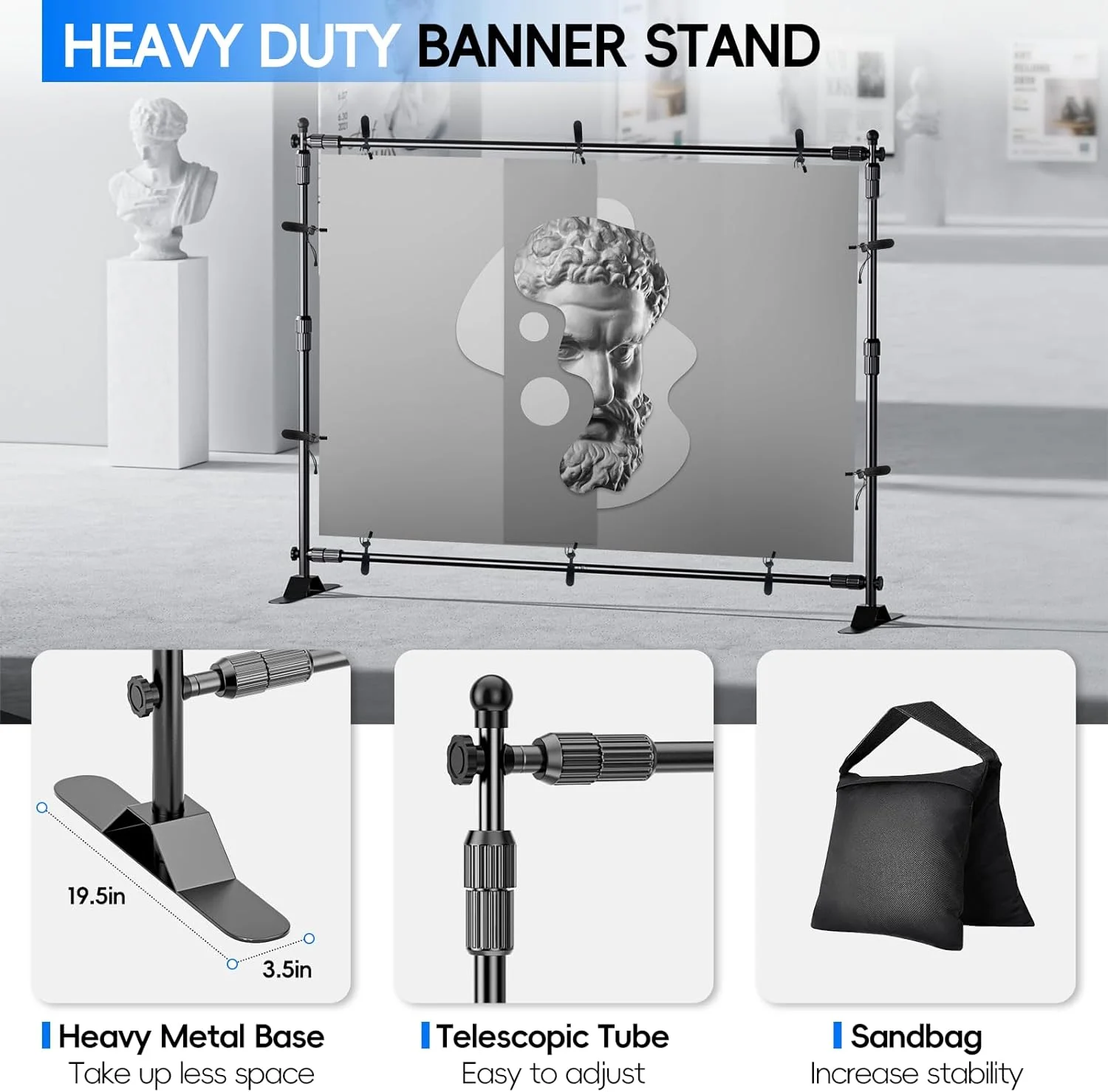 پایه بنر پس زمینه قابل تنظیم سنگین EMART، ابعاد 3x2.4 متر، مناسب برای نمایشگاه های تجاری، غرفه های عکاسی حرفه ای و تزئینات مهمانی (بدون گیره)