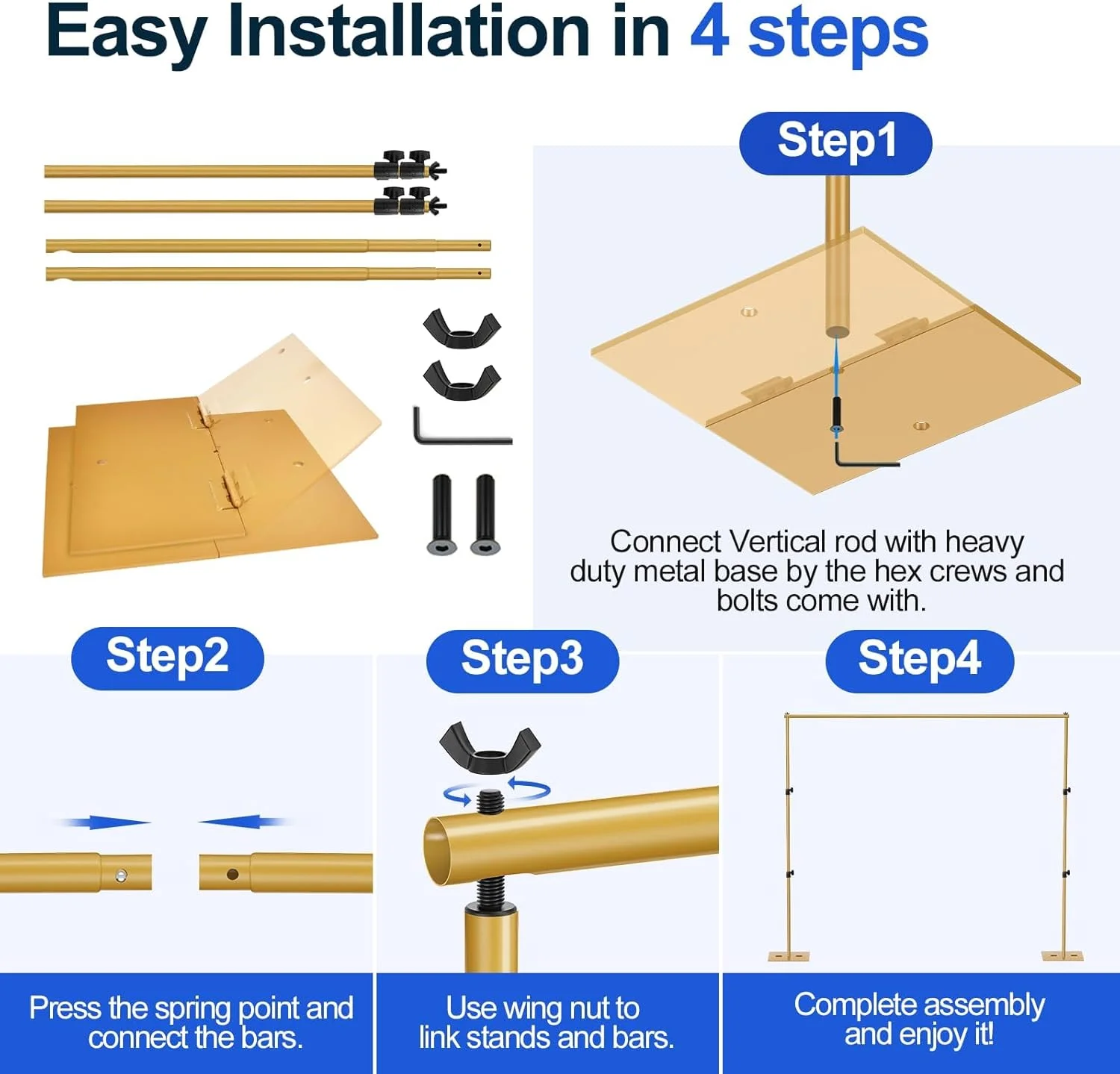 پایه پس زمینه سنگین EMART، 2x3 متر، سیستم پشتیبانی پس زمینه قابل تنظیم با پایه فولادی برای عکاسی، استودیو عکس و فیلم، مهمانی ها، عروسی - طلایی