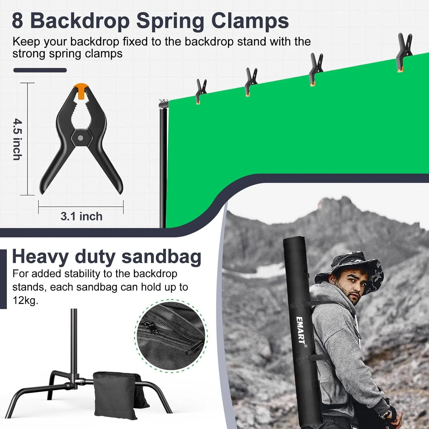 کیت پس زمینه پرده سبز EMART، پس زمینه پرده سبز استودیوی عکس و فیلم 7 * 10 فوت با پایه، گیره های فنری، کیف حمل و کیسه های شن برای عکاسی و استریم