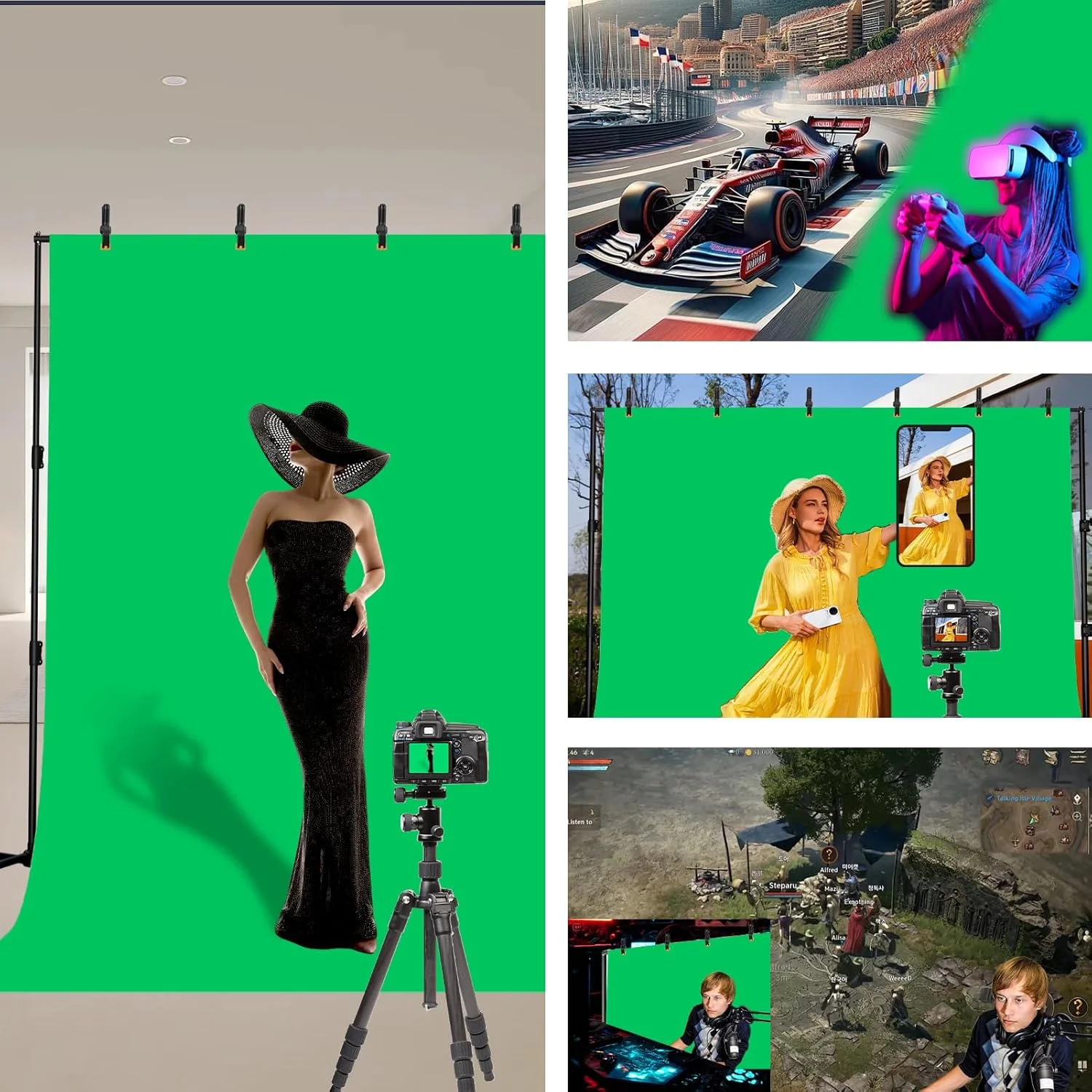 کیت پس زمینه پرده سبز EMART، پس زمینه پرده سبز استودیوی عکس و فیلم 7 * 10 فوت با پایه، گیره های فنری، کیف حمل و کیسه های شن برای عکاسی و استریم