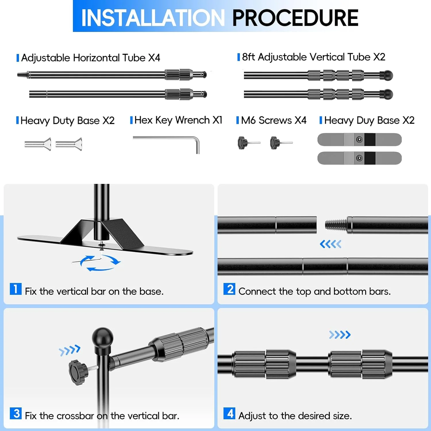 پایه بنر پس زمینه قابل تنظیم سنگین EMART، ابعاد 3x2.4 متر، مناسب برای نمایشگاه های تجاری، غرفه های عکاسی حرفه ای و تزئینات مهمانی (بدون گیره)