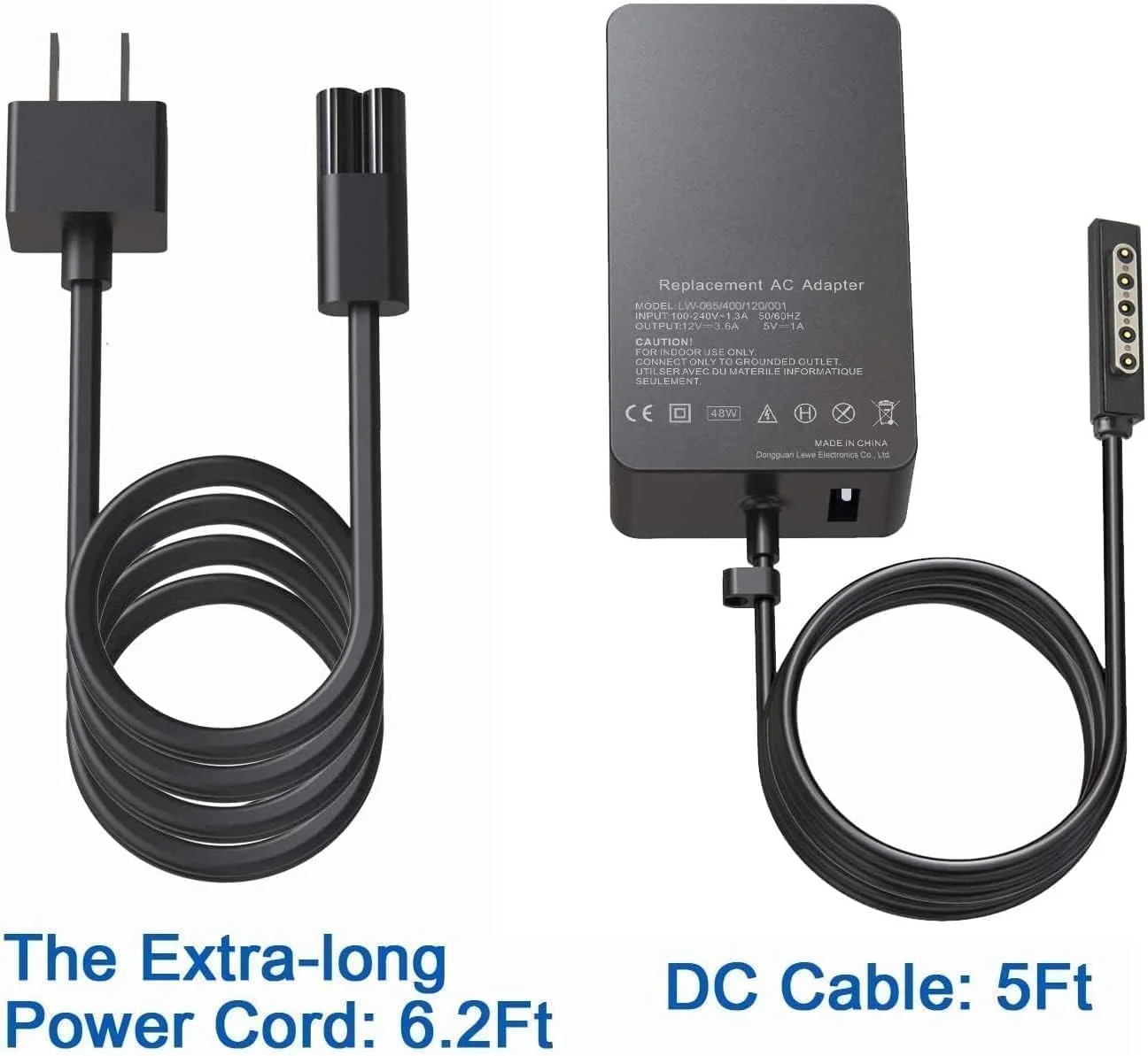 شارژر قابل حمل 48 واتی 12 ولت 3.6 آمپر سازگار جایگزین جدید برای تبلت های Microsoft Surface Pro 1-2، Surface RT و Windows 8. این شارژر شامل یک پورت شارژ USB 5 ولت/1 آمپر و یک سیم برق 6 فوتی است.