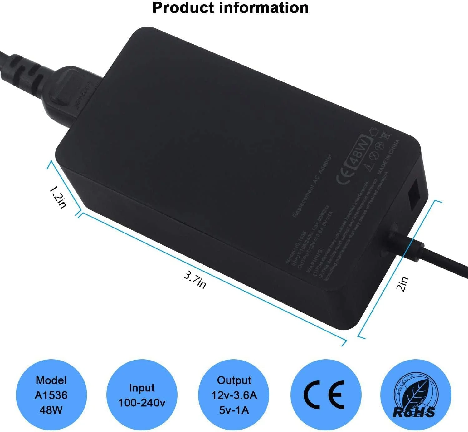 شارژر ACJADL Surface Pro 2، شارژر Surface Pro 1، آداپتور منبع تغذیه 48 واتی 12 ولت 3.6 آمپر HotTopStar با سیم برق 6 فوتی برای تبلت Microsoft Surface Pro 2 Pro 1 Surface RT با USB 5 ولت 1 آمپر
