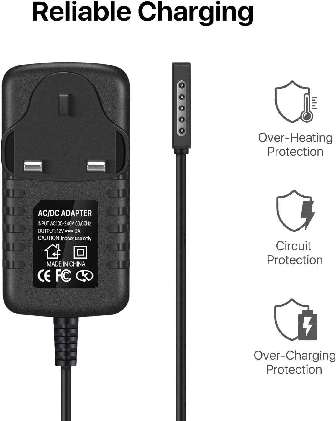 شارژر سرفیس RT 24W - آداپتور شارژر AC جایگزین 12V 2A سازگار با تبلت ویندوزی 10.6 اینچی Microsoft Surface RT با کابل شارژ 1.2 متری، منبع تغذیه دیواری مسافرتی، دوشاخه UK - مشکی