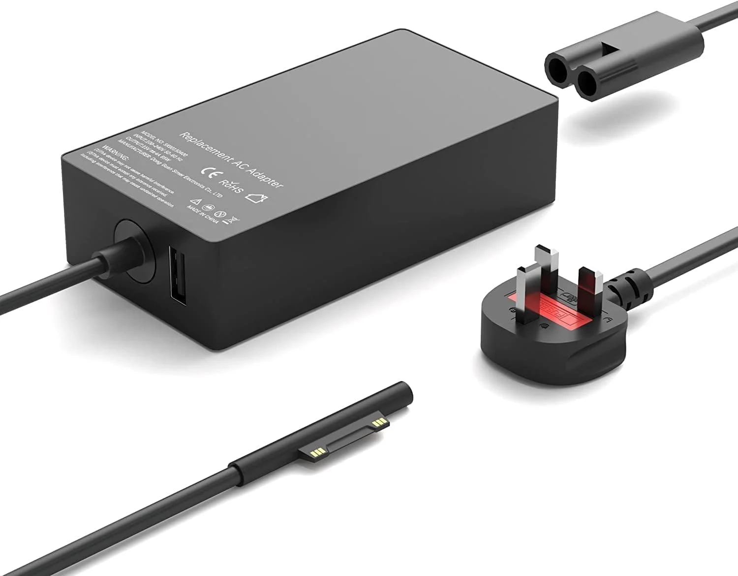 آداپتور شارژر 65 واتی BUILTRON، منبع تغذیه 15V/4A سازگار با لپ‌تاپ/تبلت‌های مایکروسافت Surface Pro 3/4/5/6/7/8/X، Surface Go و Surface Book با پورت شارژ USB