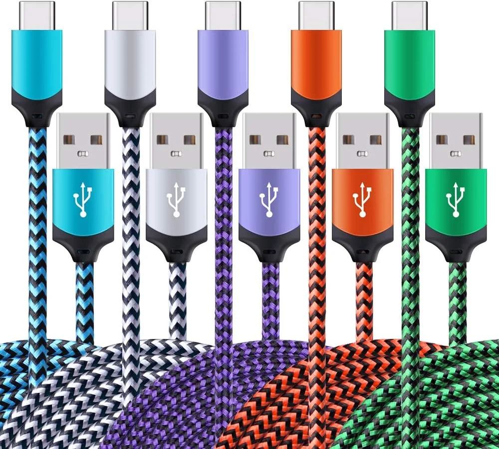 پک 5 عددی کابل USB C به طول 1.8 متر برای آیفون 16e 16 15 پرو مکس، کابل تایپ C شارژ سریع گوشی بافته شده اندروید برای سامسونگ گلکسی S24 Ultra S24+، اوپو رنو 12 13، شیائومی ردمی نوت 14 پرو سیم USBC