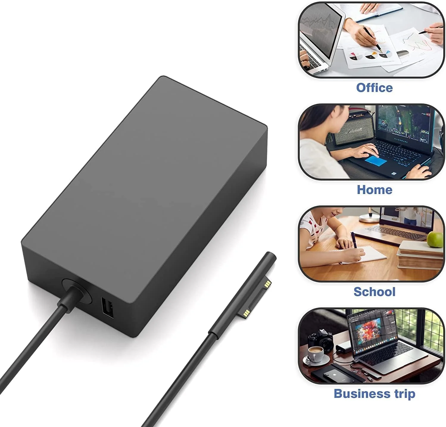 آداپتور شارژر 65 واتی BUILTRON، منبع تغذیه 15V/4A سازگار با لپ‌تاپ/تبلت‌های مایکروسافت Surface Pro 3/4/5/6/7/8/X، Surface Go و Surface Book با پورت شارژ USB