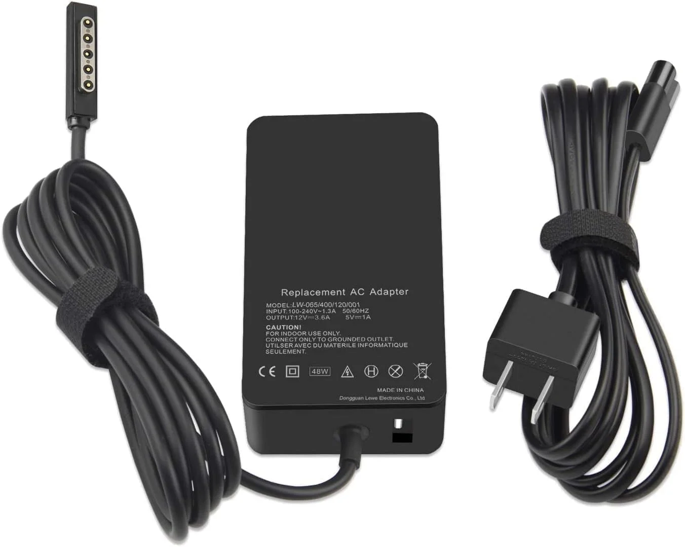 شارژر قابل حمل 48 واتی 12 ولت 3.6 آمپر سازگار با تبلت های Microsoft Surface Pro 1-2، Surface RT و Windows 8. دارای یک پورت شارژ USB 5 ولت/1 آمپر و یک سیم برق 6 فوتی است.