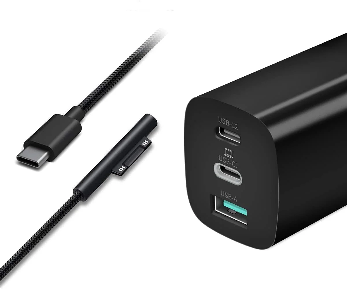 شارژر 65 واتی USB C GaN Sisyphy برای تبلت های Surface، شارژر GaNk با کابل 6 فوتی نایلونی Surface به USB C، سازگار با Microsoft Surface Pro 10 7/6/5/4/3 Surface Go 4/3/2/1، مشکی، GaN-001US