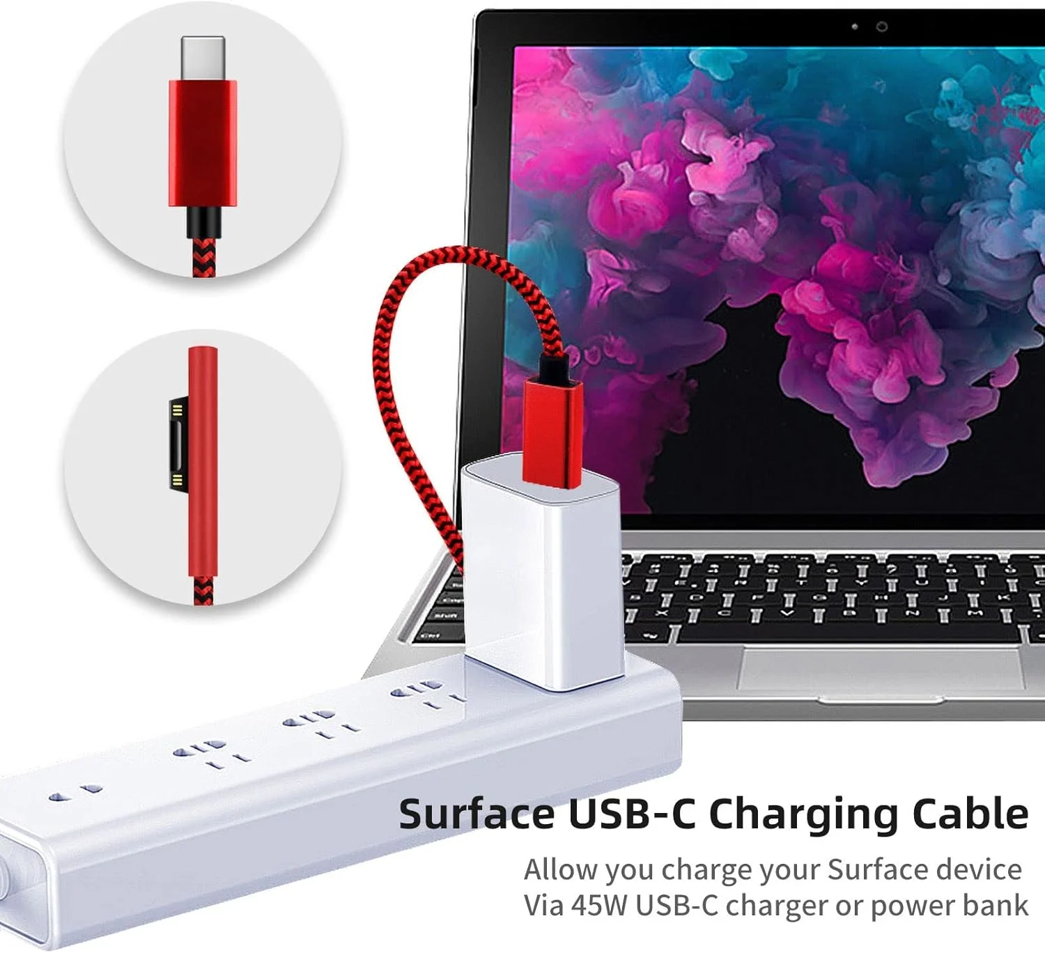 کابل شارژ USB-C به Surface Connect با روکش نایلونی بافته شده Sisyphy (قرمز 1.8 متری)، نیازمند شارژر USB-C با توان 45 وات 15 ولت/3 آمپر PD، سازگار با Microsoft Surface Pro 7/6/5/4/3 Go 3/2/1 Laptop