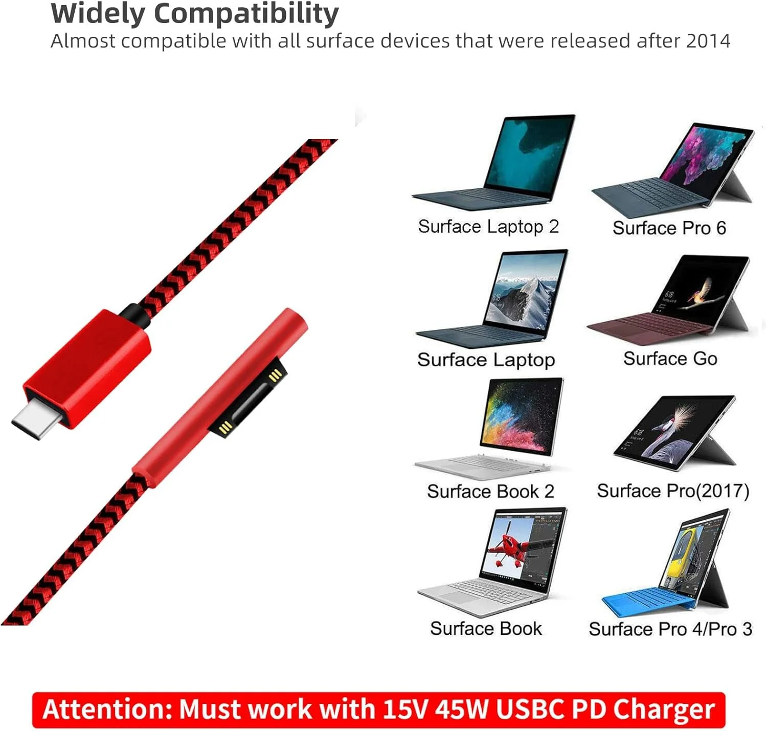کابل شارژ USB-C به Surface Connect با روکش نایلونی بافته شده Sisyphy (قرمز 1.8 متری)، نیازمند شارژر USB-C با توان 45 وات 15 ولت/3 آمپر PD، سازگار با Microsoft Surface Pro 7/6/5/4/3 Go 3/2/1 Laptop