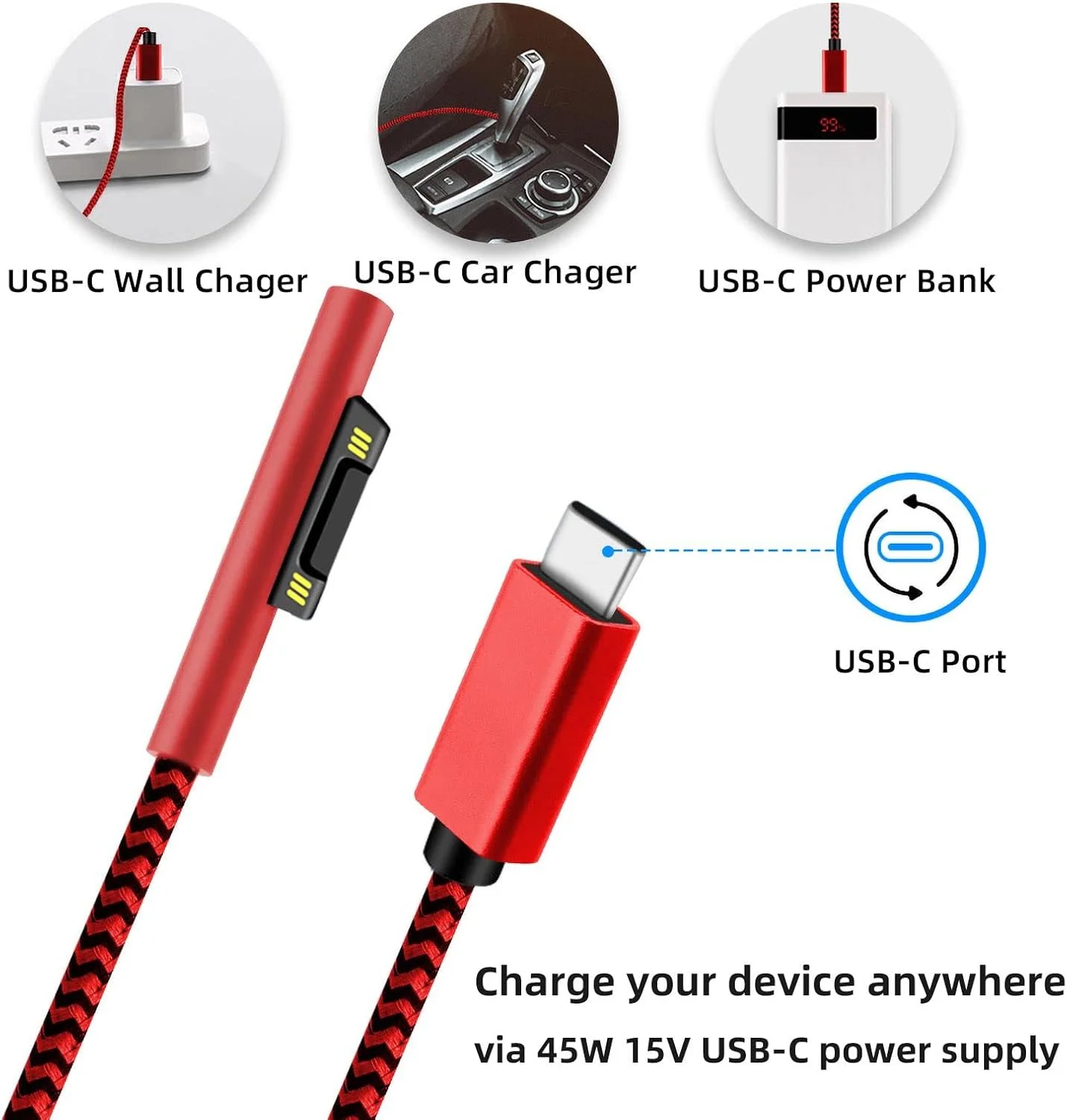 کابل شارژ USB-C به Surface Connect با روکش نایلونی بافته شده Sisyphy (قرمز 1.8 متری)، نیازمند شارژر USB-C با توان 45 وات 15 ولت/3 آمپر PD، سازگار با Microsoft Surface Pro 7/6/5/4/3 Go 3/2/1 Laptop