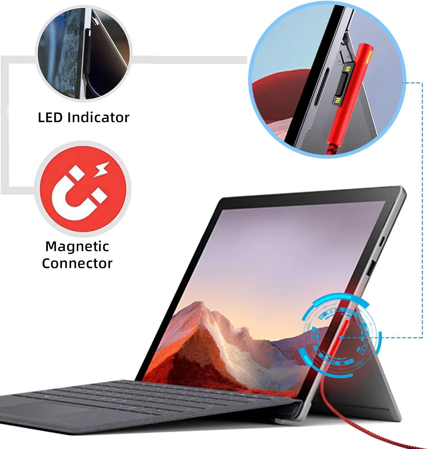 کابل شارژ USB-C به Surface Connect با روکش نایلونی بافته شده Sisyphy (قرمز 1.8 متری)، نیازمند شارژر USB-C با توان 45 وات 15 ولت/3 آمپر PD، سازگار با Microsoft Surface Pro 7/6/5/4/3 Go 3/2/1 Laptop