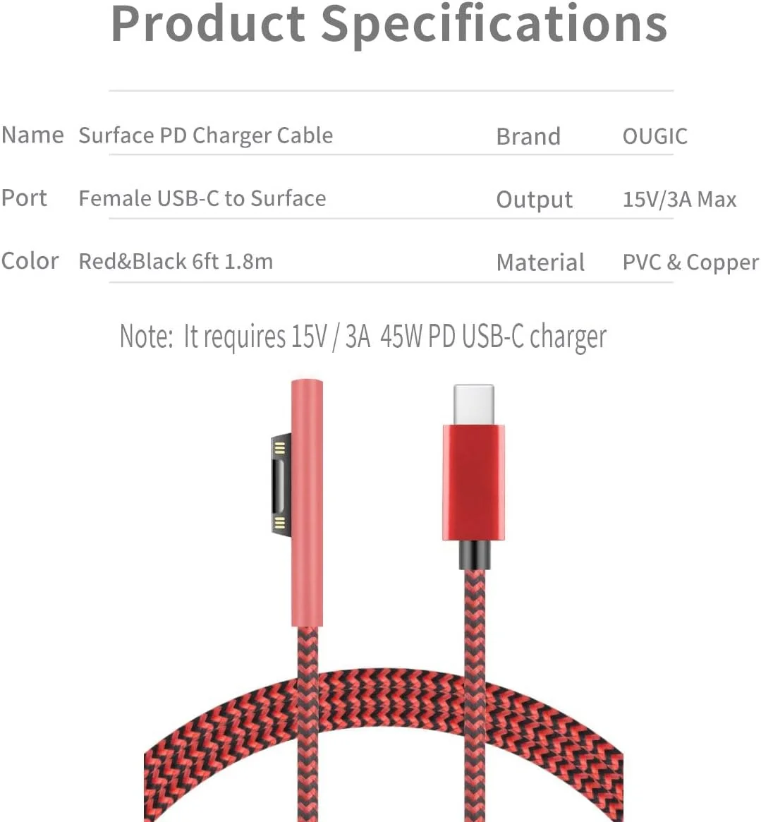 کابل شارژ USB-C به Surface Connect با روکش نایلونی بافته شده Sisyphy (قرمز 1.8 متری)، نیازمند شارژر USB-C با توان 45 وات 15 ولت/3 آمپر PD، سازگار با Microsoft Surface Pro 7/6/5/4/3 Go 3/2/1 Laptop