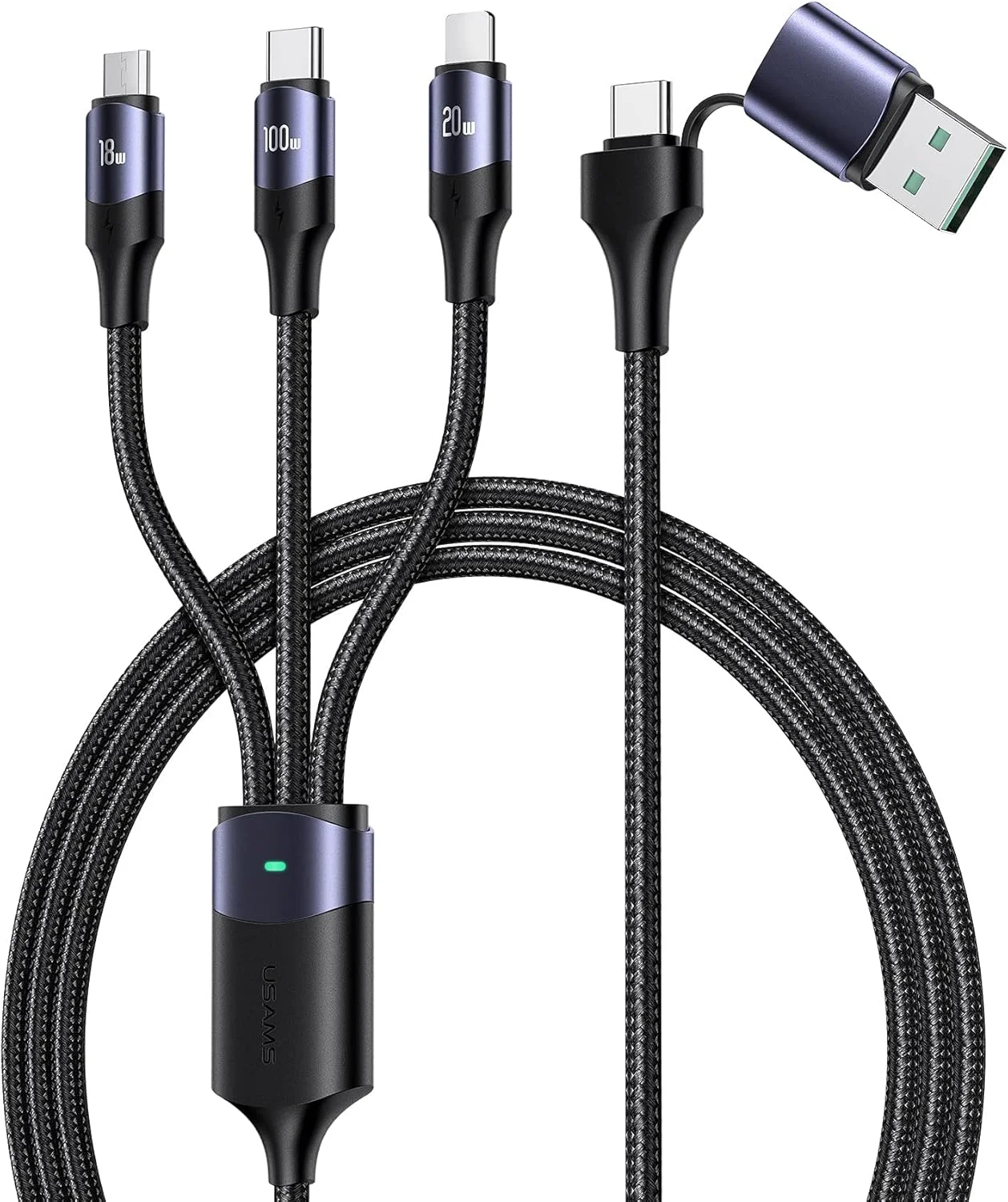 کابل شارژ چند منظوره 100 واتی USB C به همراه QC 5A 2 در 1 USB A به پورت PD نوع C و سیم شارژ سریع بافته شده 3 در 1، با کانکتورهای Type C/Micro، آداپتور شارژر همگام سازی جهانی برای لپ تاپ/تبلت/تلفن