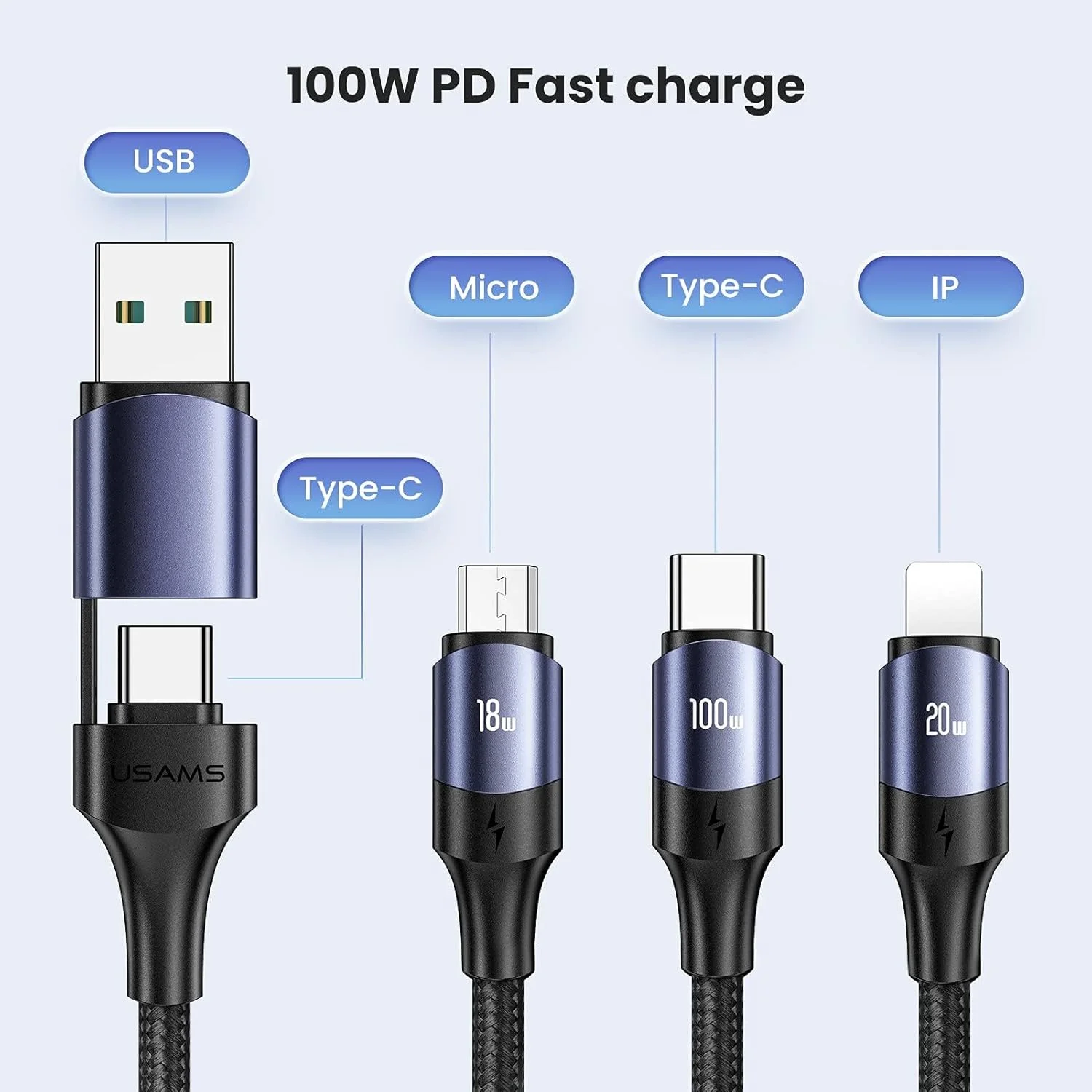 کابل شارژ چند منظوره 100 واتی USB C به همراه QC 5A 2 در 1 USB A به پورت PD نوع C و سیم شارژ سریع بافته شده 3 در 1، با کانکتورهای Type C/Micro، آداپتور شارژر همگام سازی جهانی برای لپ تاپ/تبلت/تلفن کابل شارژ چند منظوره 100 واتی USB C به همراه QC 5A 2 در 1 USB A به پورت PD نوع C و سیم شارژ سریع بافته شده 3 در 1، با کانکتورهای Type C/Micro، آداپتور شارژر همگام سازی جهانی برای لپ تاپ/تبلت/تلفن