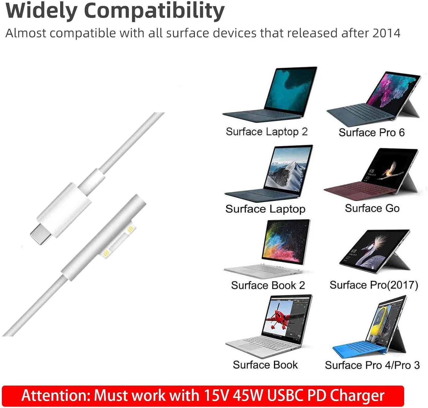 کابل شارژ Surface Connect به USB-C سیسفی (سفید 1.8 متری)، سازگار با Microsoft Surface Pro 11/10/9/4/7/6/5/4/3 Go4/3/2/1 Laptop7/6/3/2/1، کار با شارژر 45W 15V3A USBC کابل شارژ Surface Connect به USB-C سیسفی (سفید 1.8 متری)، سازگار با Microsoft Surface Pro 11/10/9/4/7/6/5/4/3 Go4/3/2/1 Laptop7/6/3/2/1، کار با شارژر 45W 15V3A USBC
