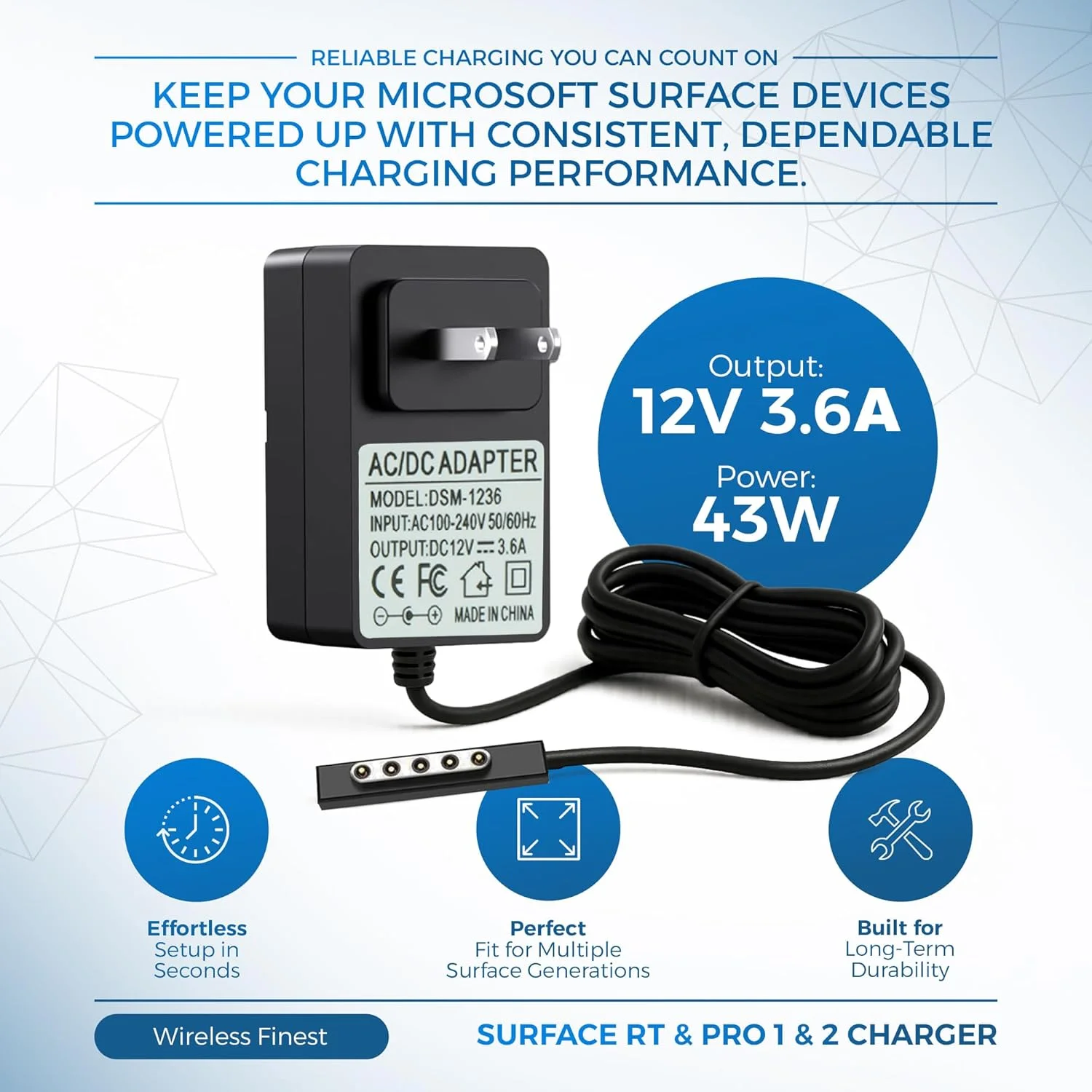 شارژر دیواری خانگی WirelessFinest جایگزین آداپتور برق تبلت های مایکروسافت Surface 2 RT Pro 1 2 شارژر دیواری خانگی WirelessFinest جایگزین آداپتور برق تبلت های مایکروسافت Surface 2 RT Pro 1 2
