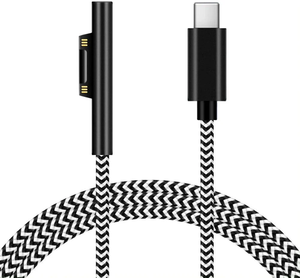 کابل شارژ USB-C به Surface Connect با روکش نایلونی بافته شده Sisyphy (1.8 متری طرح گورخری)، نیازمند شارژر USB-C با توان 45 وات 15 ولت/3 آمپر، سازگار با Microsoft Surface Pro 7/6/5/4/3 Go 3/2/1 Laptop