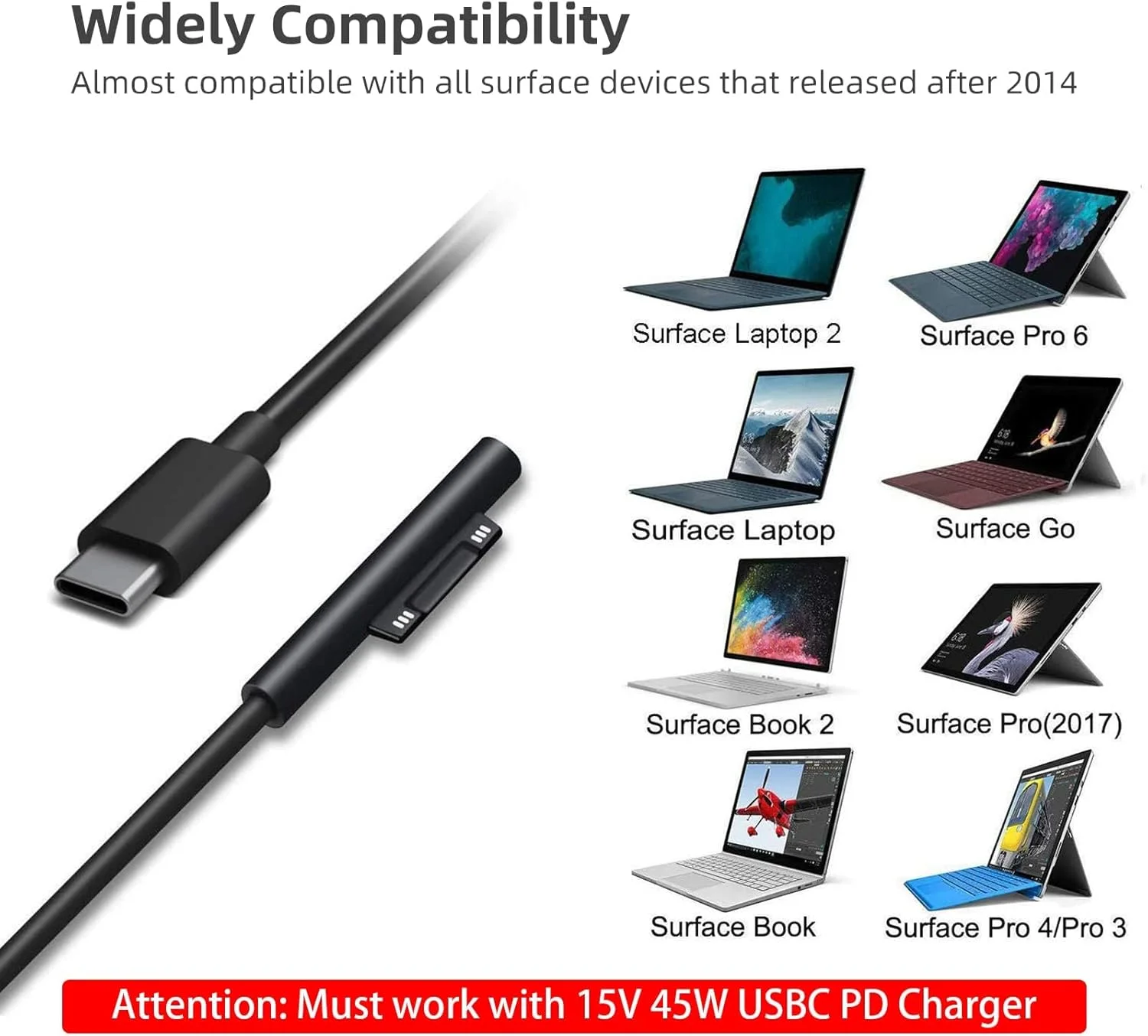 کابل شارژ 1.8 متری/6 فوتی Surface Connect به USB-C با ولتاژ 15V/3A سازگار با Microsoft Surface Pro 3/4/5/6/7/ Surface Laptop 3/2/1/Surface Go/Surface Book1/2/3 کابل شارژ 1.8 متری/6 فوتی Surface Connect به USB-C با ولتاژ 15V/3A سازگار با Microsoft Surface Pro 3/4/5/6/7/ Surface Laptop 3/2/1/Surface Go/Surface Book1/2/3