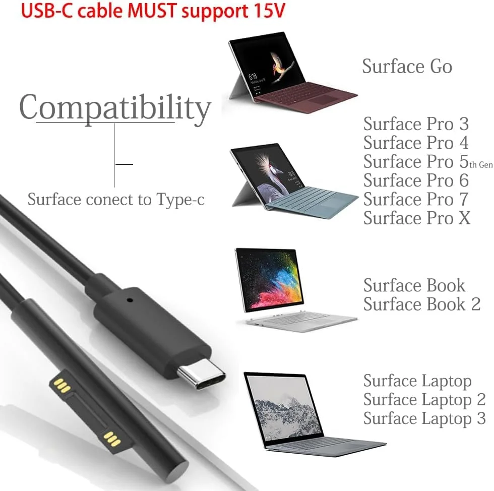 کابل شارژ 1.8 متری/6 فوتی Surface Connect به USB-C با ولتاژ 15V/3A سازگار با Microsoft Surface Pro 3/4/5/6/7/ Surface Laptop 3/2/1/Surface Go/Surface Book1/2/3 کابل شارژ 1.8 متری/6 فوتی Surface Connect به USB-C با ولتاژ 15V/3A سازگار با Microsoft Surface Pro 3/4/5/6/7/ Surface Laptop 3/2/1/Surface Go/Surface Book1/2/3