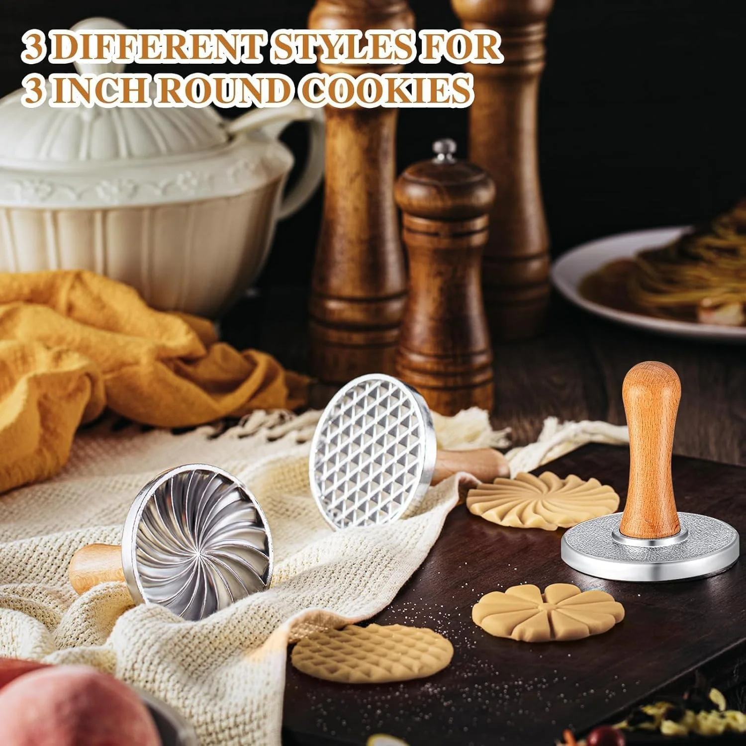 قالب برش کوکی، ست 3 عددی مهر گرد کوکی، لوازم تزئین کوکی ساز با دسته چوبی برای پخت DIY، کیک، شیرینی، بسته هدیه