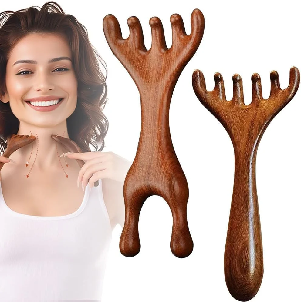 ماساژور چوبی سر، خاراندن سر برای رفع استرس، ماساژور قابل حمل سر، شانه چوبی 6 چنگالی و 5 چنگالی، هدیه ایده آل برای مادر، خواهر و عزیزان (2 عدد، طبیعی)