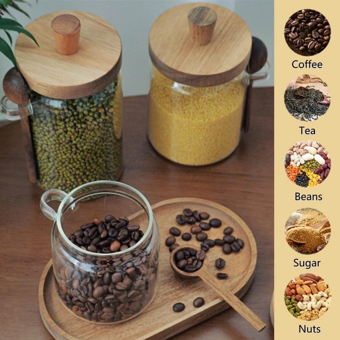 ظروف شیشه ای حبوبات قهوه، ظروف نگهداری مواد غذایی با درب بامبو و قاشق، ست 2 عددی ظروف شفاف آشپزخانه برای پاستا، کلوچه، آجیل، دانه های قهوه، غلات، شکر، نمک (600 میلی لیتر)
