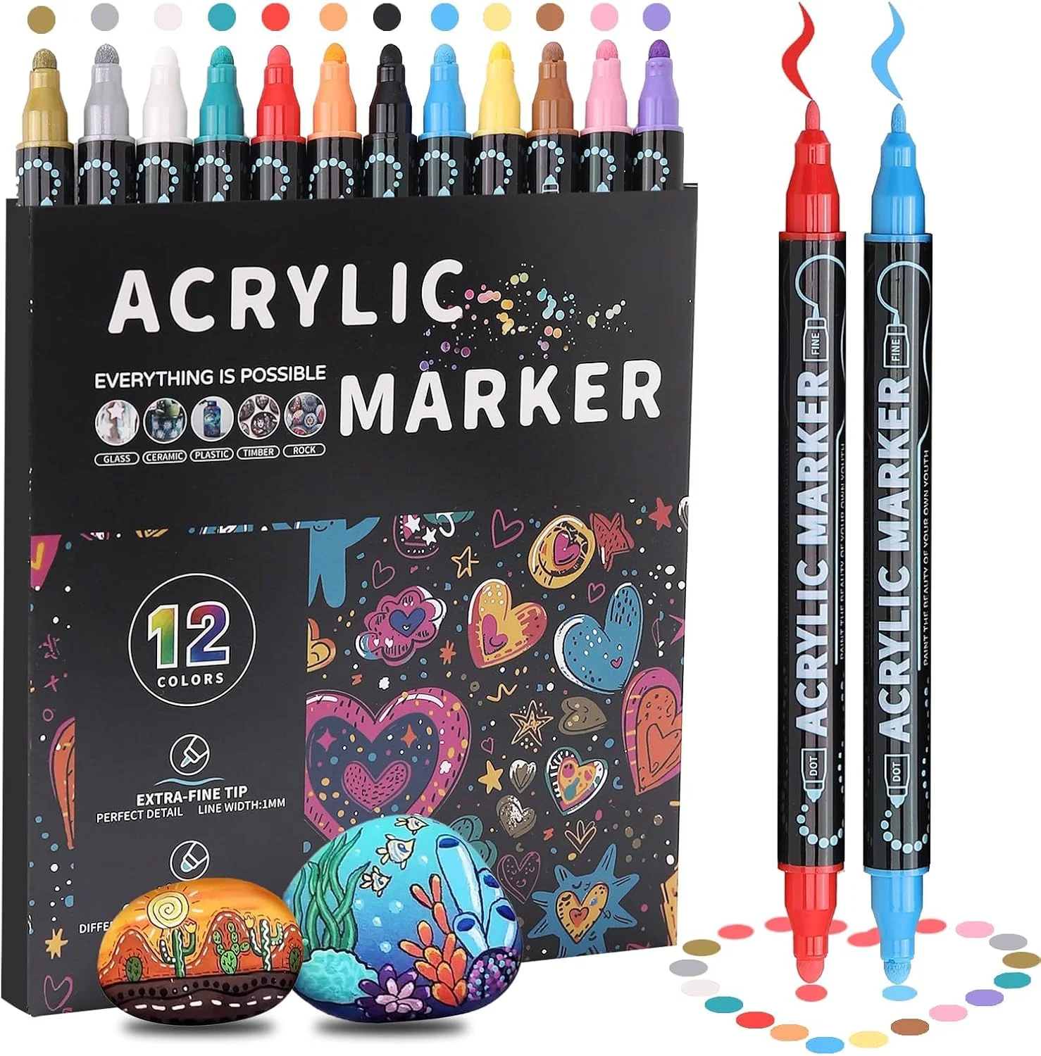 ماژیک اکریلیک KASTWAVE، 12 رنگ، دو سر، قلم رنگ اکریلیک ممتاز، مناسب برای نقاشی روی چوب، سنگ، شیشه، صنایع دستی DIY، بوم و سنگ