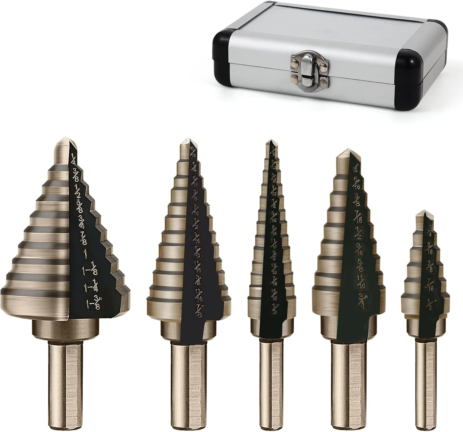 مجموعه 5 عددی مته پله ای تیتانیومی HSS KASTWAVE، مته پله ای فولاد تندبر برای فلز، چوب، پلاستیک، مته پله ای، مته مخروطی برای برش سوراخ با اندازه های مختلف، مناسب برای علاقه مندان به DIY