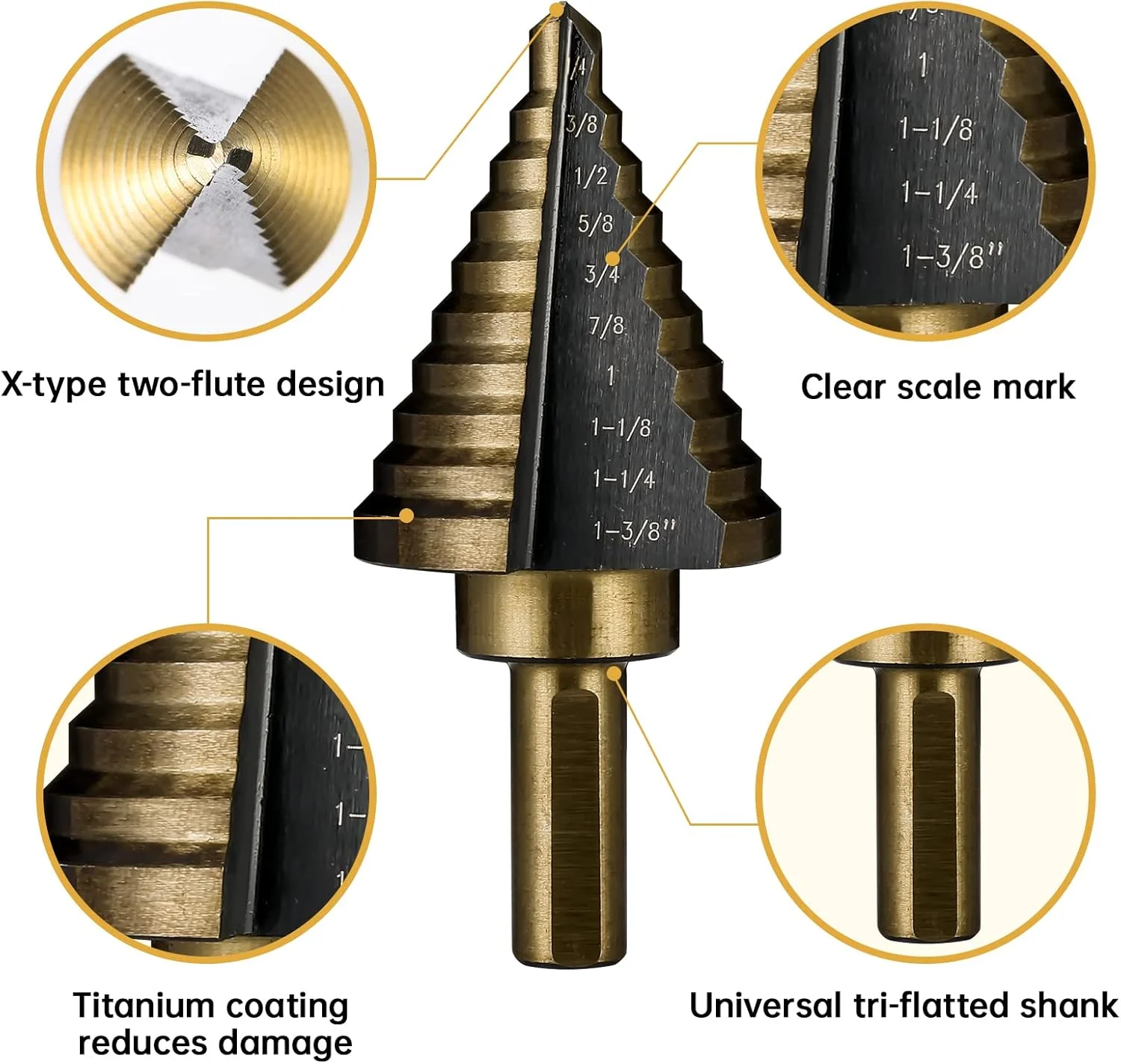 مجموعه 5 عددی مته پله ای تیتانیومی HSS KASTWAVE، مته پله ای فولاد تندبر برای فلز، چوب، پلاستیک، مته پله ای، مته مخروطی برای برش سوراخ با اندازه های مختلف، مناسب برای علاقه مندان به DIY