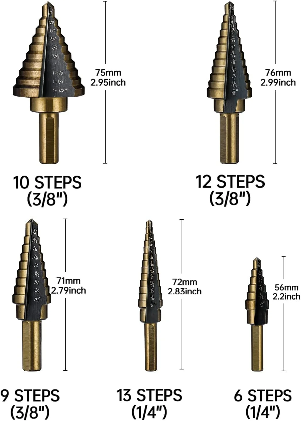 مجموعه 5 عددی مته پله ای تیتانیومی HSS KASTWAVE، مته پله ای فولاد تندبر برای فلز، چوب، پلاستیک، مته پله ای، مته مخروطی برای برش سوراخ با اندازه های مختلف، مناسب برای علاقه مندان به DIY