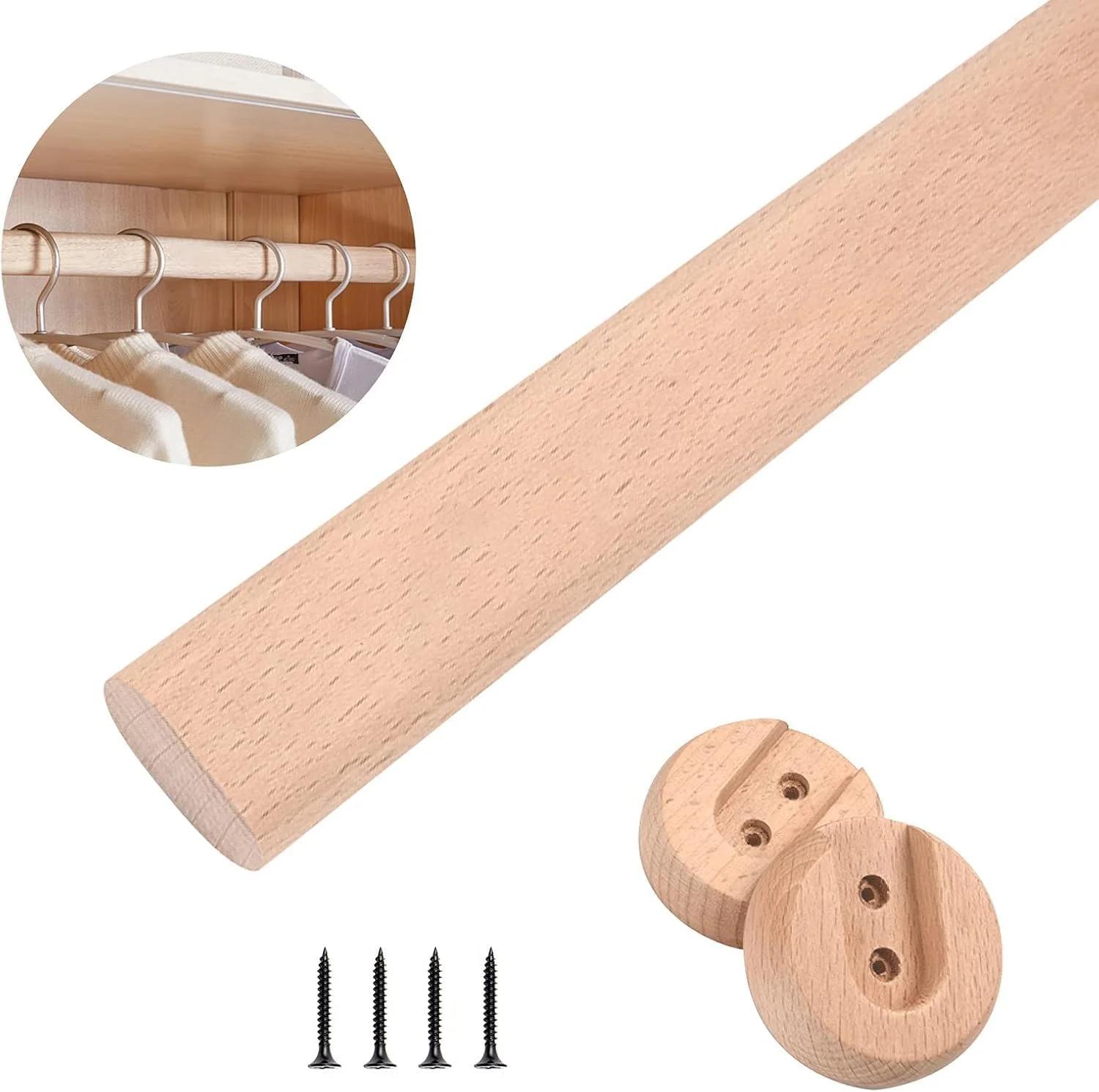 میله کمد لباس KASTWAVE، چوب راش طبیعی سنگین با 2 پایه نگهدارنده و پیچ، نصب آسان، برای انواع کمد لباس چوبی (40 سانتی متر / 15.7 اینچ)