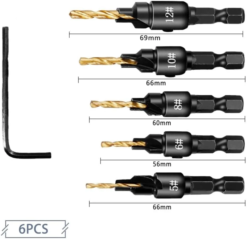 ست مته خزینه تیتانیومی 5 عددی با ساق هگز 1/4 اینچی – مته های پخ زن نجاری با عمق قابل تنظیم برای چوب، پلاستیک، فلز نرم و PVC – کیت ابزار برقی HSS با تعویض سریع