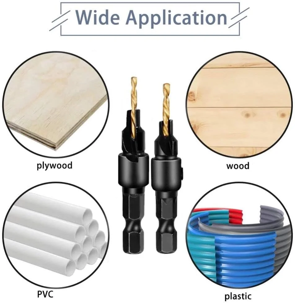 ست مته خزینه تیتانیومی 5 عددی با ساق هگز 1/4 اینچی – مته های پخ زن نجاری با عمق قابل تنظیم برای چوب، پلاستیک، فلز نرم و PVC – کیت ابزار برقی HSS با تعویض سریع