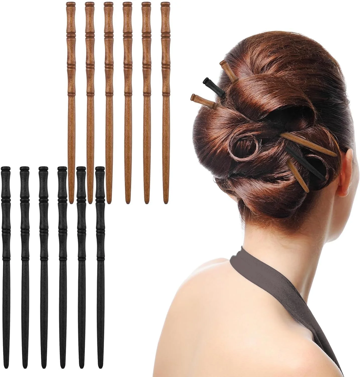 چوب مویی چوبی KASTWAVE طرح بامبو، 12 عدد سنجاق سر چوبی ظریف و قدیمی چینی، سنجاق های دست ساز برای موهای بلند زنانه، مناسب برای دوستداران هانفو (قهوه ای/مشکی)